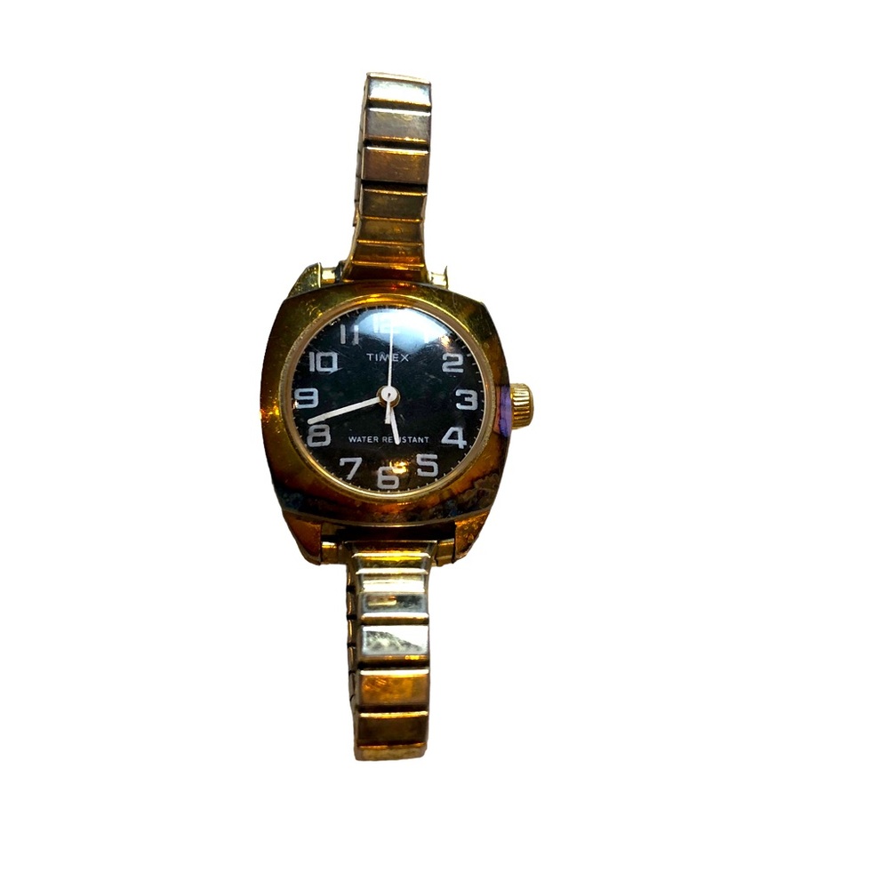 TIMEX Ladies Vintage windup black face w white numbers stretch metal band